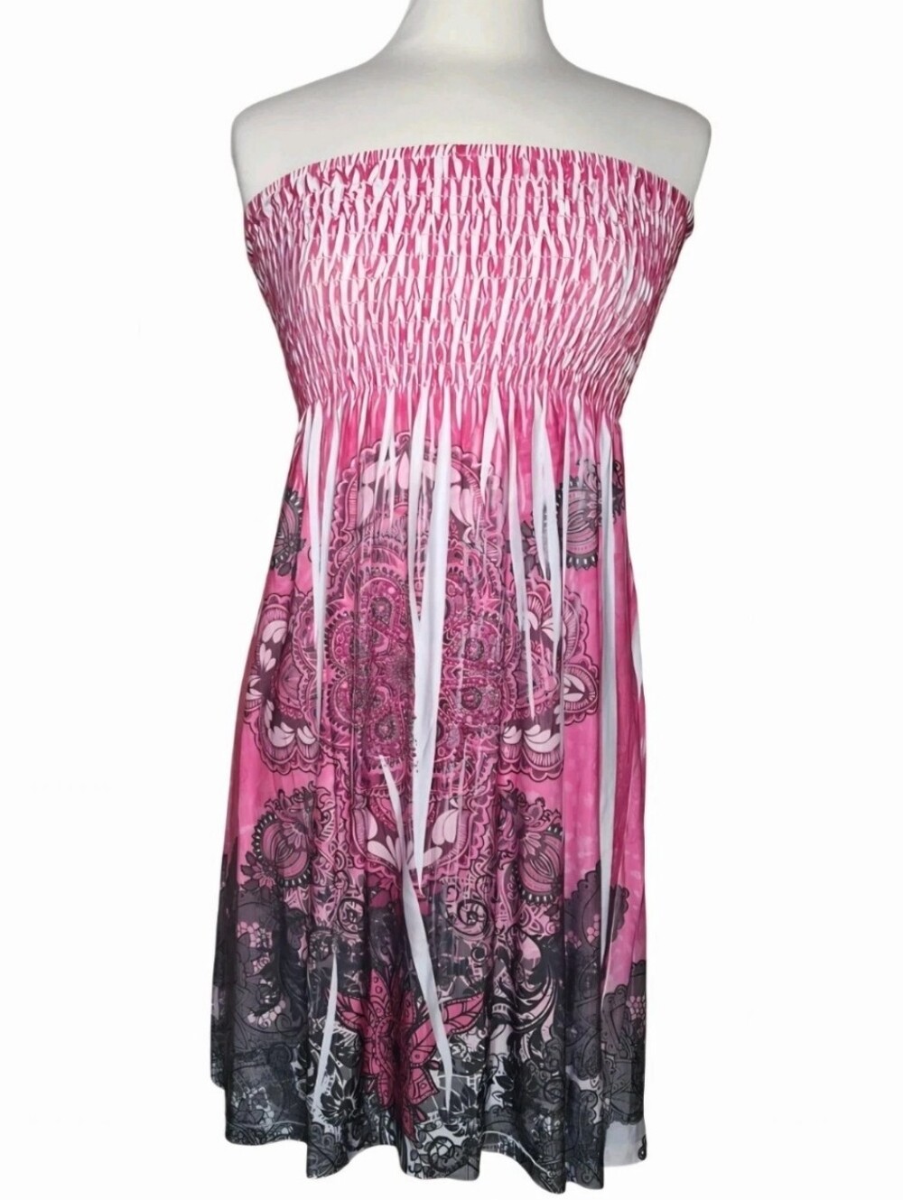 Ingear Short Pink Boho Rhinestone Floral Smocked Halter Resort Dress Wmns Size M